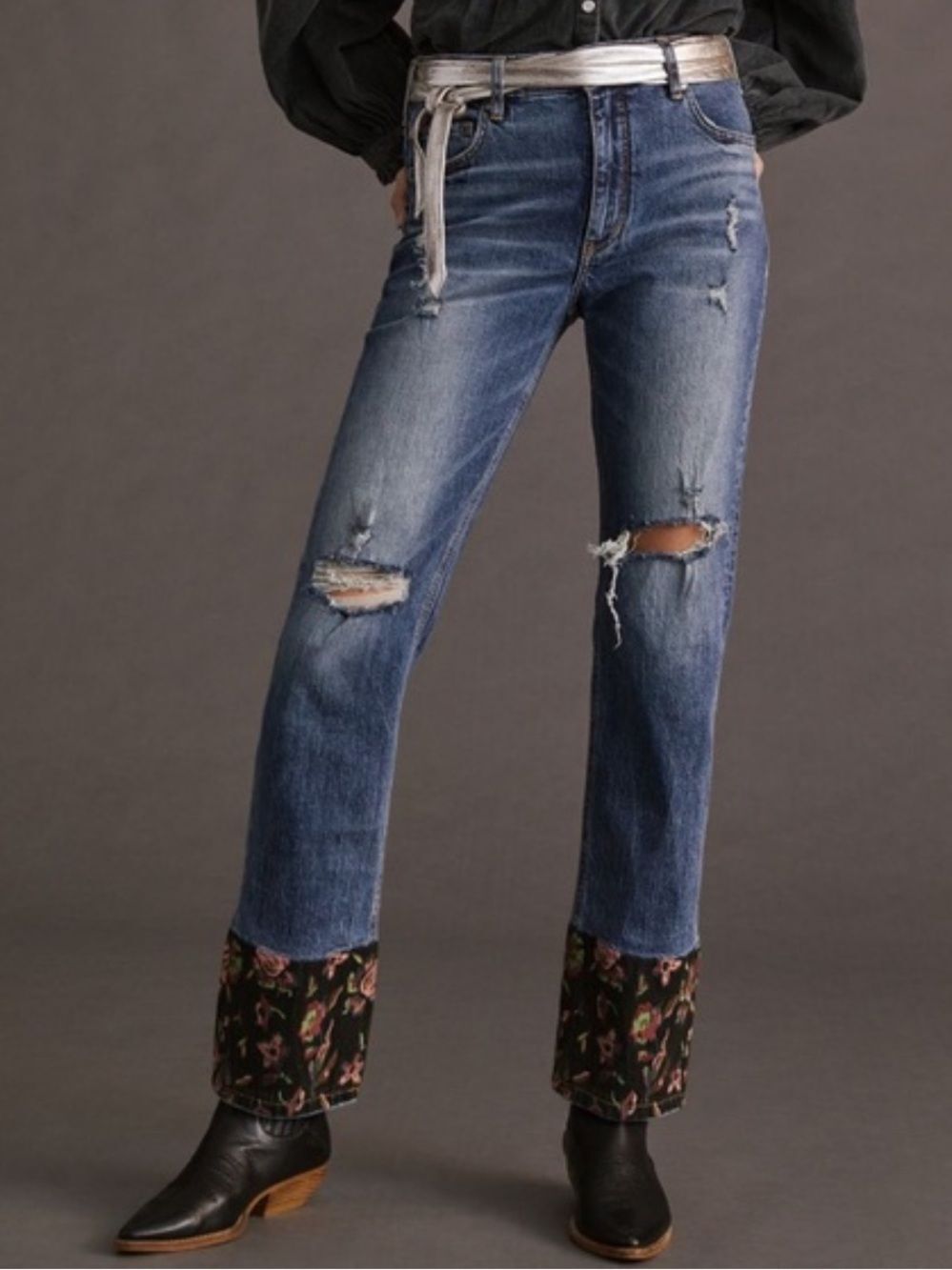 Anthro x Pilcro 25 Vintage Blue Medium Wash Distressed Embroidered Hem Jeans